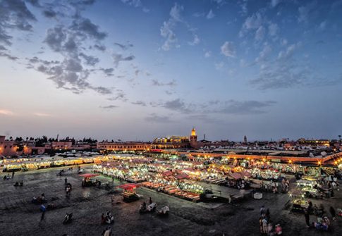 Jamaa el-Fna market Marrakech at sunset. The old medina of Marak